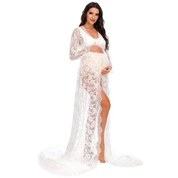 ZIUMUDY Maternity Deep V-Neck Lace Dress for Photography