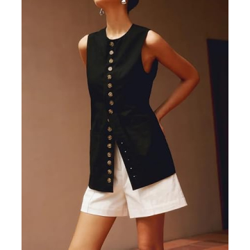 EZAPINE Women Cotton Linen Vest Summer Long Lightweight Button Down Sleeveless Casual Tank Tops with Drawstring Black S