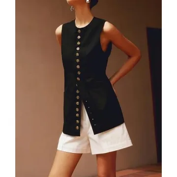 EZAPINE Women Cotton Linen Vest Summer Long Lightweight Button Down Sleeveless Casual Tank Tops with Drawstring Black S