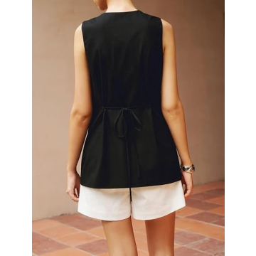 EZAPINE Women Cotton Linen Vest Summer Long Lightweight Button Down Sleeveless Casual Tank Tops with Drawstring Black S