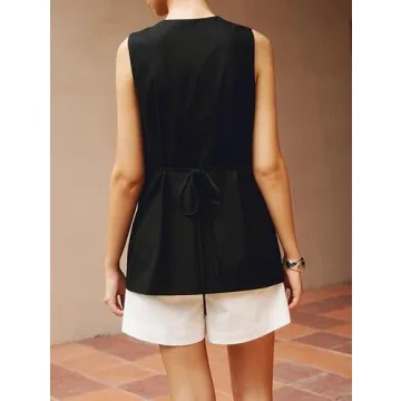 EZAPINE Women Cotton Linen Vest Summer Long Lightweight Button Down Sleeveless Casual Tank Tops with Drawstring Black S
