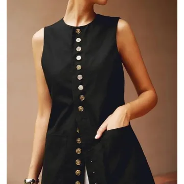 EZAPINE Women Cotton Linen Vest Summer Long Lightweight Button Down Sleeveless Casual Tank Tops with Drawstring Black S