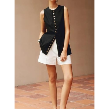 EZAPINE Women Cotton Linen Vest Summer Long Lightweight Button Down Sleeveless Casual Tank Tops with Drawstring Black S