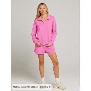 MEROKEETY Women's 2 Piece Waffle Knit Lounge Sets Long Sleeve Shorts Outfits Pjs with Pockets Hotpink