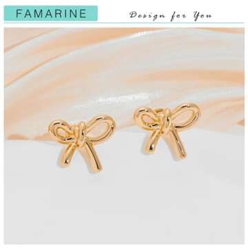 FAMARINE Gold Bow Earrings Women Bow Stud Earrings Chic Small Earrings Jewelry