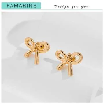 FAMARINE Gold Bow Earrings Women Bow Stud Earrings Chic Small Earrings Jewelry