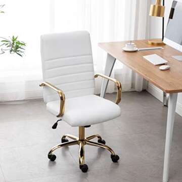 BTEXPERT Ergonomic White Faux Leather Adjustable Home Office Arm Chair with Golden Finish