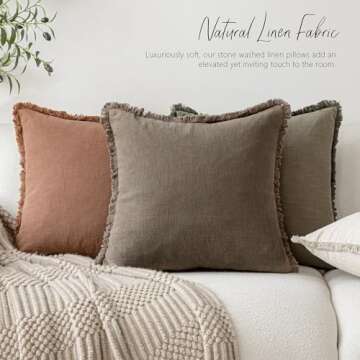 Foindtower Decorative Linen Fringe Throw Pillow Covers Cozy Boho Farmhouse Cushion Cover with Tassels Soft Accent Pillowcase for Chair Sofa Bed Living Room Home Decor, 22×22 Inch, 1PC, Light Brown