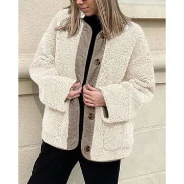 PRETTYGARDEN Women's Warm Winter Coats Casual Long Sleeve Button up Fuzzy Sherpa Fleece Jackets Outerwear (Beige,Small)