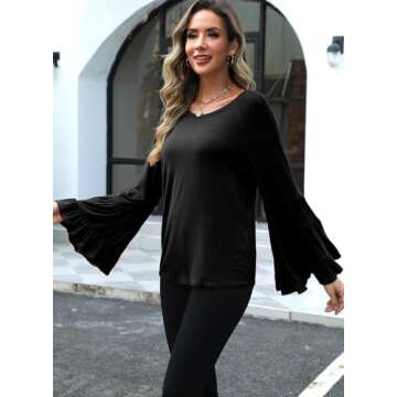 Hount Black Long Bell Sleeve Top Round Neck Ruffle Sleeve Shirt Plus Size Flare Sleeve Tops (Black,Small)