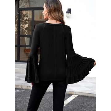 Hount Black Long Bell Sleeve Top Round Neck Ruffle Sleeve Shirt Plus Size Flare Sleeve Tops (Black,Small)