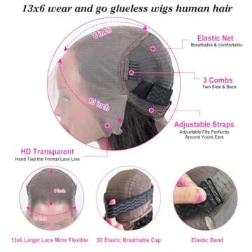 ANNELBEL 13x6 Wear and Go Glueless Body Wave Lace Front Wigs Human Hair HD Transparent Lace Frontal Wigs Pre Plucked with Baby Hair 180% Density Human Hair Wigs for Black Women 18 Inch Natural Color