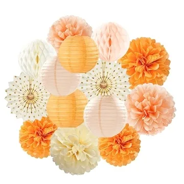 Beige-Orange Peach Fall Party-Decorations Paper-Lanterns - 14pcs Autumn Thanksgiving Harvest Birthda...