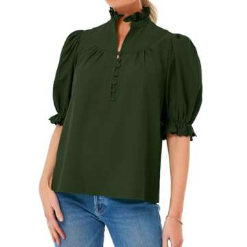 Cicy Bell Womens Summer Blouse Dressy Casual Mock Neck Button Ruffle Puff Sleeve Loose Fit Shirts Army Green