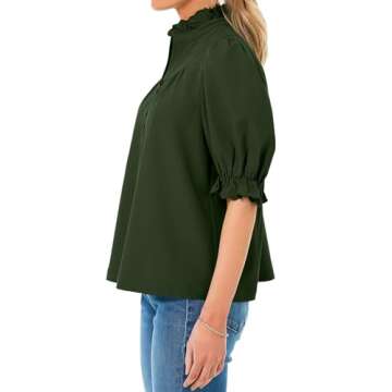 Cicy Bell Womens Summer Blouse Dressy Casual Mock Neck Button Ruffle Puff Sleeve Loose Fit Shirts Army Green