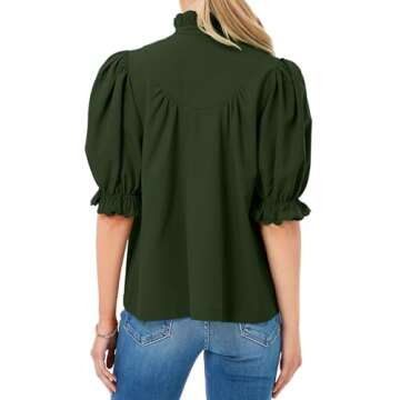 Cicy Bell Womens Summer Blouse Dressy Casual Mock Neck Button Ruffle Puff Sleeve Loose Fit Shirts Army Green