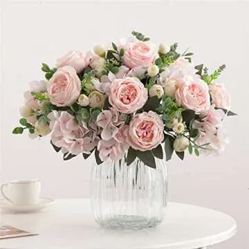 karoro 4 Bunches Artificial Flowers Pink Peonies for Decoration Silk Flowers Fake Roses Arrangements Plastic Table Centerpiece Faux Flores for Home Vase Living Room Decor