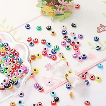 200 Pieces Flat Round Evil Eye Beads Handmade Resin Lampwork Beads 8mm Charms Spacer Beads for Bracelets Necklace Jewelry Craft Making(Mix Colors)