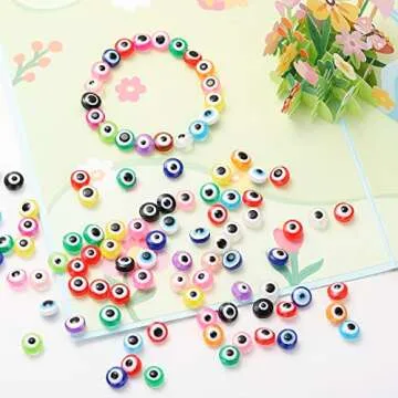 200 Pieces Flat Round Evil Eye Beads Handmade Resin Lampwork Beads 8mm Charms Spacer Beads for Bracelets Necklace Jewelry Craft Making(Mix Colors)