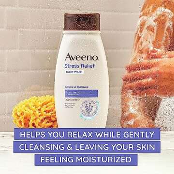 Aveeno Stress Relief Body Wash with Soothing Oat & Lavender Scent for Sensitive Skin, Moisturizing Shower Wash Gently Cleanses & Helps You Feel Calm & Relaxed, Sulfate-Free, 18 fl. oz