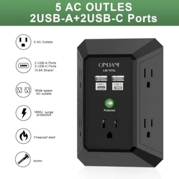 QINLIANF USB Wall Charger, Surge Protector, 5 Outlet Extender with 4 USB Charging Ports