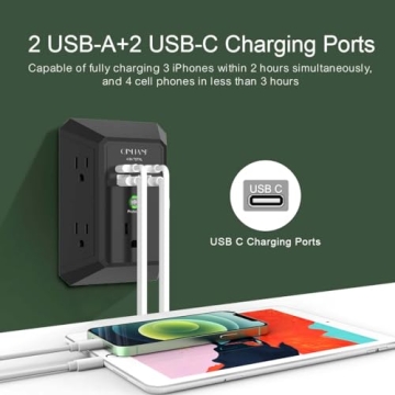USB Wall Charger with 5 Outlets and 4 USB Ports