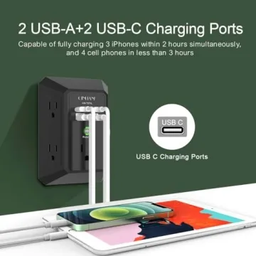 USB Wall Charger with 5 Outlets and 4 USB Ports