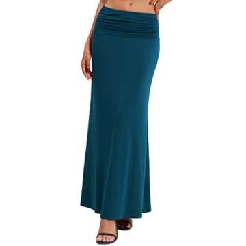 BAISHENGGT Women's Versatile Long Skirt Ruched High Waist Flare Floor Length Maxi Skirt Peacock Blue S