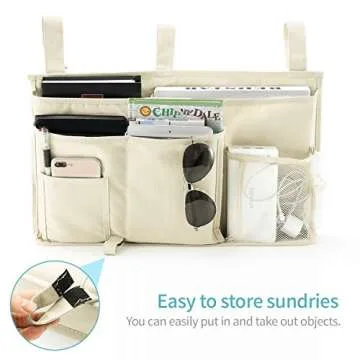 Bseash Bunk Bed Organizer, Bedside Caddy Hanging Bed Organizer Storage Bag 8 Pockets, for College Dorm Rooms Bed, Hospital Bed, Baby Bed Rails, 600D Oxford Cloth (Beige)
