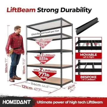 HOMEDANT 5 Tier Laminated Boltless Heavy Duty Garage Storage Adjustable Wide Size Metal Shelving Uni...
