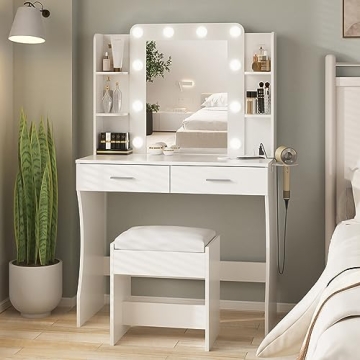 Elegant Vanity Desk with Adjustable LED Lights and Storage Set
