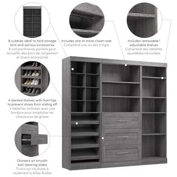 Bestar Closet Organizer System 86-inch for Walk-In Closets, Bedroom, Entryway, Pur Collection, Modern, Bark Gray