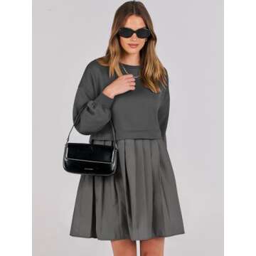 ANRABESS Women Sweatshirts Dress Oversized Long Sleeve Patchwork Casual Loose Pleated Pullover Mini ...