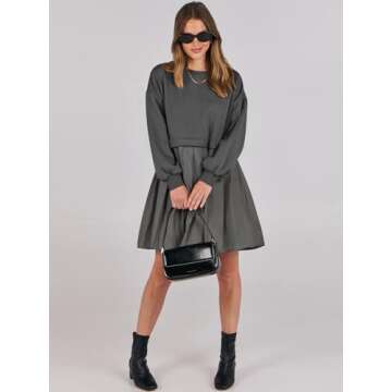ANRABESS Women Sweatshirts Dress Oversized Long Sleeve Patchwork Casual Loose Pleated Pullover Mini Dress Fall Outfits 2025 Dark Grey Large