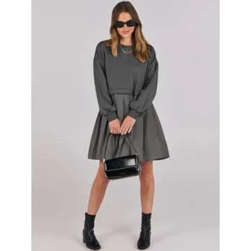 ANRABESS Women Sweatshirts Dress Oversized Long Sleeve Patchwork Casual Loose Pleated Pullover Mini Dress Fall Outfits 2025 Dark Grey Large