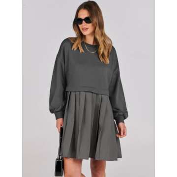 ANRABESS Women Sweatshirts Dress Oversized Long Sleeve Patchwork Casual Loose Pleated Pullover Mini Dress Fall Outfits 2025 Dark Grey Large