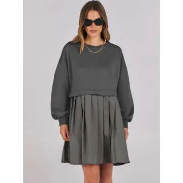 ANRABESS Women Sweatshirts Dress Oversized Long Sleeve Patchwork Casual Loose Pleated Pullover Mini Dress Fall Outfits 2025 Dark Grey Large