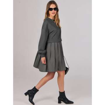 ANRABESS Women Sweatshirts Dress Oversized Long Sleeve Patchwork Casual Loose Pleated Pullover Mini Dress Fall Outfits 2025 Dark Grey Large