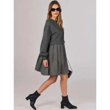 ANRABESS Women Sweatshirts Dress Oversized Long Sleeve Patchwork Casual Loose Pleated Pullover Mini Dress Fall Outfits 2025 Dark Grey Large