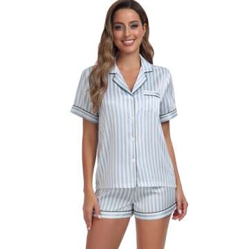 Serenedelicacy Women's Satin Pajama Set 2-Piece Sleepwear Loungewear Button Down Short Sleeve Silky PJ Set (Medium, Blue, Striped)