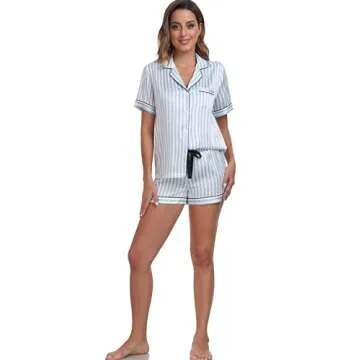 Serenedelicacy Women's Satin Pajama Set 2-Piece Sleepwear Loungewear Button Down Short Sleeve Silky PJ Set (Medium, Blue, Striped)