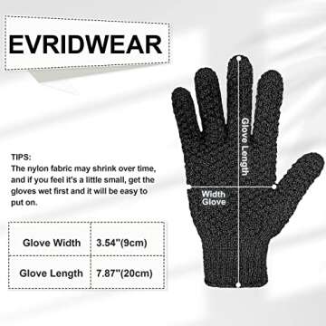 Evridwear Exfoliating Dual Texture Bath Gloves for Shower, Spa, Massage and Body Scrubs, Dead Skin Cell Remover, Gloves with Hanging Loop (1 Pair Black Heavy Glove)