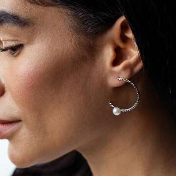 Gemistry Judy Crowell Jewelry Gold Over Sterling Silver and Rhodium Diamond Cut Hoop Earrings with Freshwater Pearl