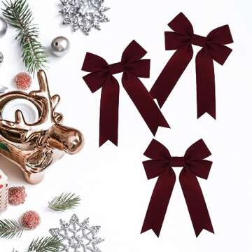 Burgundy Velvet Ribbon Bow Set for Christmas Decor