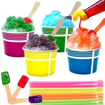 130 Piece Multi-Colored Snow Cone/Shaved Ice Kit - Includes 40 (12oz) Yellow, Pink, Green and Blue C...