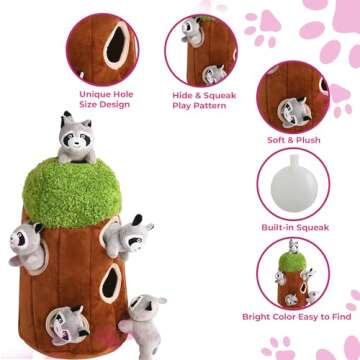 Glow Pups Raccoon in Tree Hide and Seek Dog Toy for Small and Medium Size Dogs, Plush Raccoon Inside Trunk Dog Toy with Squeaker, Interactive Burrow Dog Toy (Tree with Raccoons, Small)
