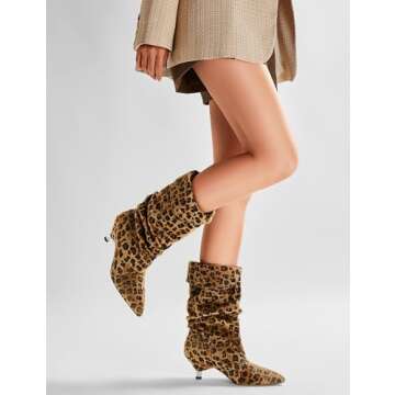 Fuazuzu Womens leopard Boots Slouchy Mid Calf Wide Boots For Women Kitten Heel with Pointed Toe Pull...