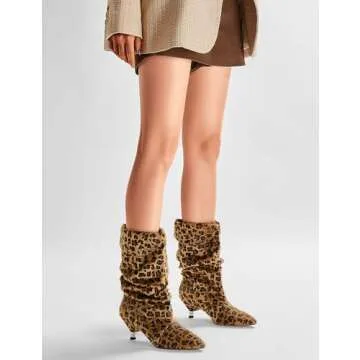 Fuazuzu Womens leopard Boots Slouchy Mid Calf Wide Boots For Women Kitten Heel with Pointed Toe Pull On Boots Fall Winter Booties