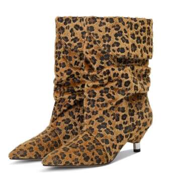 Fuazuzu Womens leopard Boots Slouchy Mid Calf Wide Boots For Women Kitten Heel with Pointed Toe Pull On Boots Fall Winter Booties