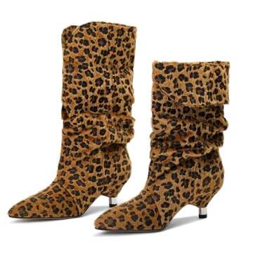 Fuazuzu Womens leopard Boots Slouchy Mid Calf Wide Boots For Women Kitten Heel with Pointed Toe Pull On Boots Fall Winter Booties